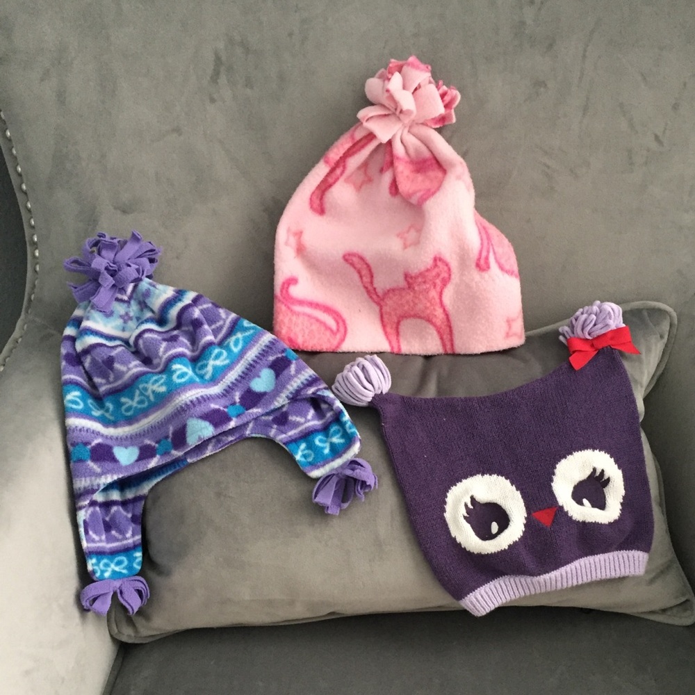 Bundle 3 Girls Knit Fleece Snow Winter Hats Owl